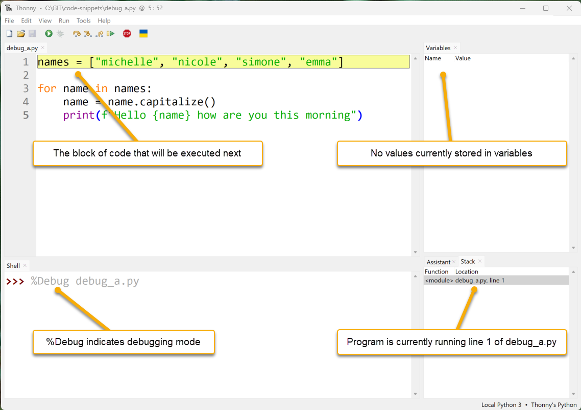 Thonny paused at the start of the program in the debugger