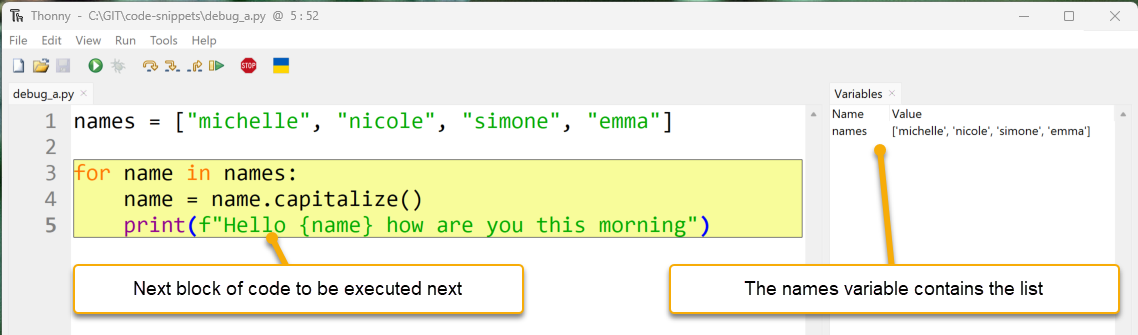 The Variables panel showing names