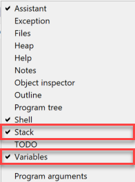 Thonny View menu with Stack and Variables ticked