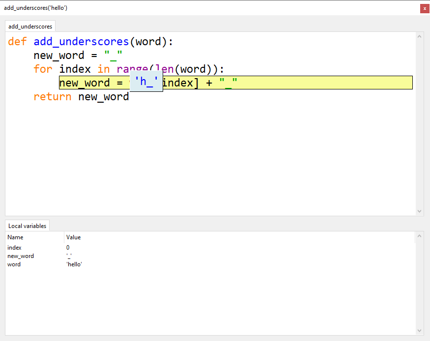 Python about to store h_ in new_word