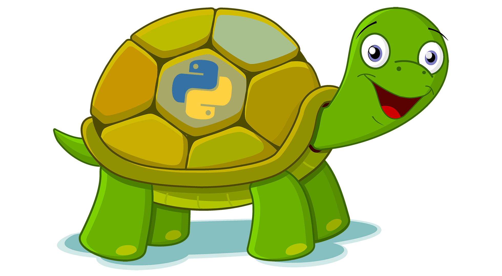 A cartoon turtle with the Python logo on its shell