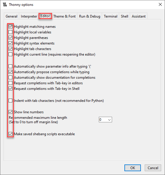 Thonny Editor options