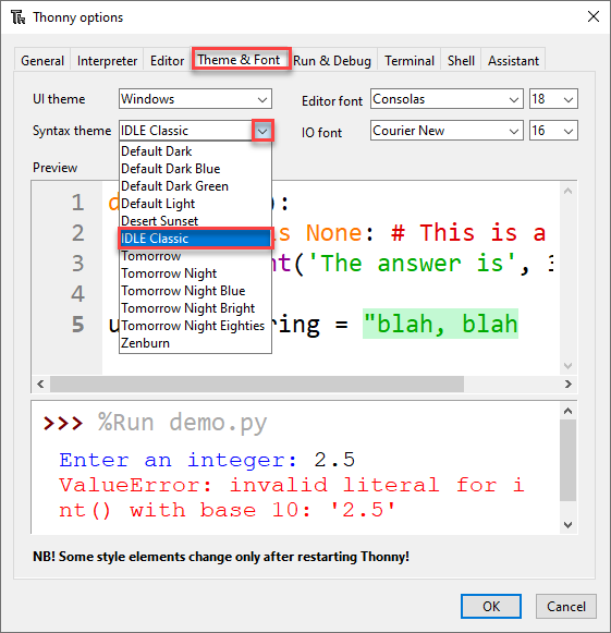Thonny Theme and Font options