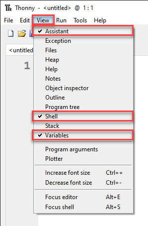 Thonny View menu with Assistant, Shell and Variables ticked